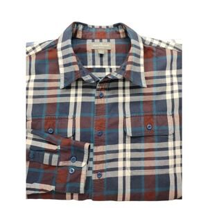 Bean Signature Long Sleeve Button Up Shirt Mens Large Navy White Rust Plaid